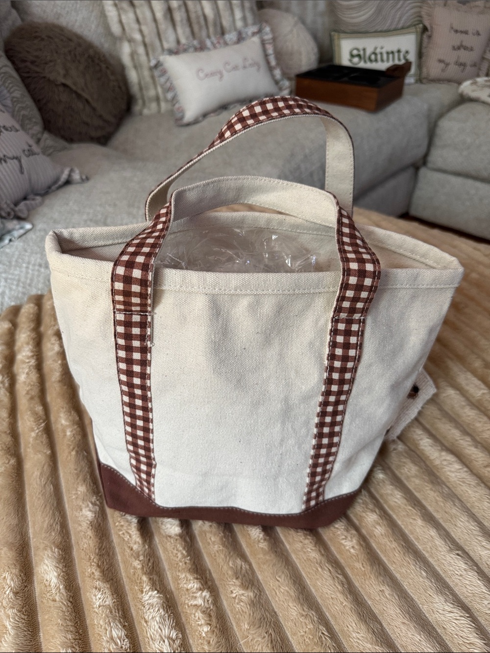 Beaded Canvas Dachshund Tote with Brown Gingham Trim - Picture 2 of 2